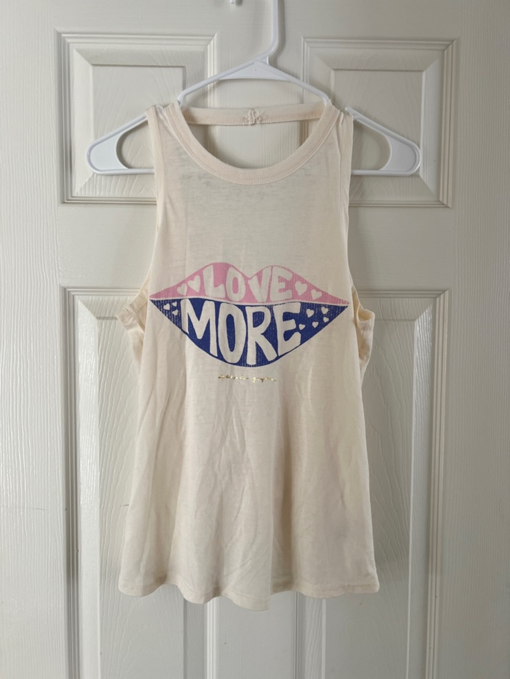 Spiritual Gangster Cream Tank Top with Pink and Blue "Love More" Graphic